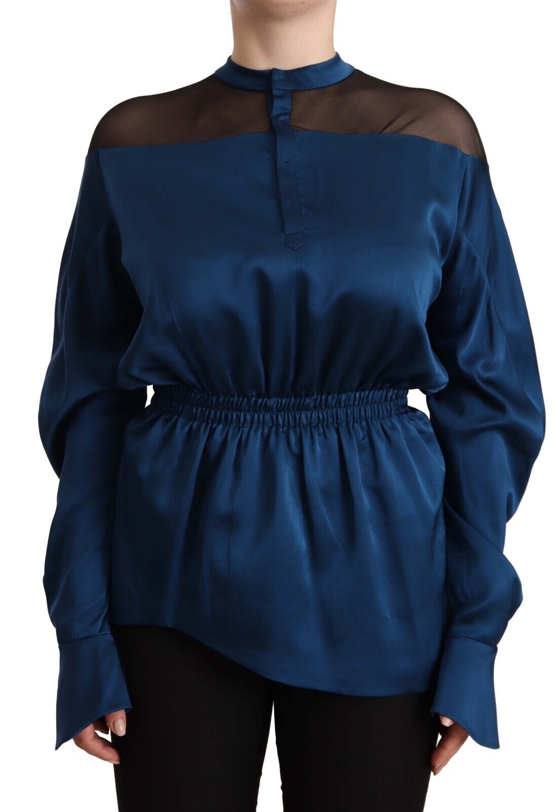 Masha Ma Blaues Seidentop mit langen Ärmeln und elastischer Taille Bluse