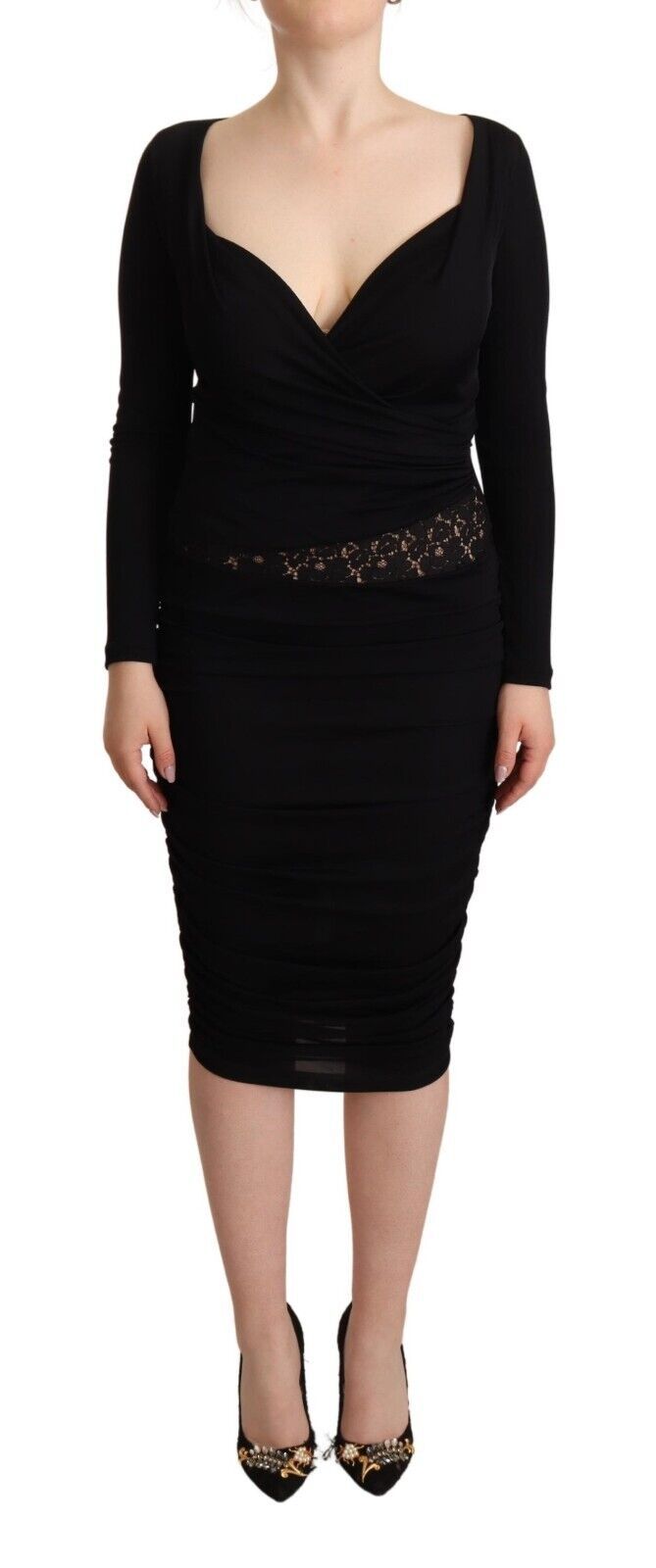 GF Ferre Schwarzes Midikleid mit langen Ärmeln und Sweetheart-Ausschnitt