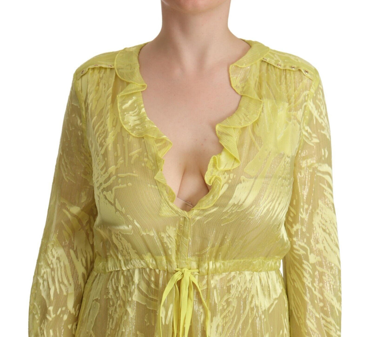 Patrizia Pepe Gelbes Seidenkleid mit langen Ärmeln und tiefem Ausschnitt