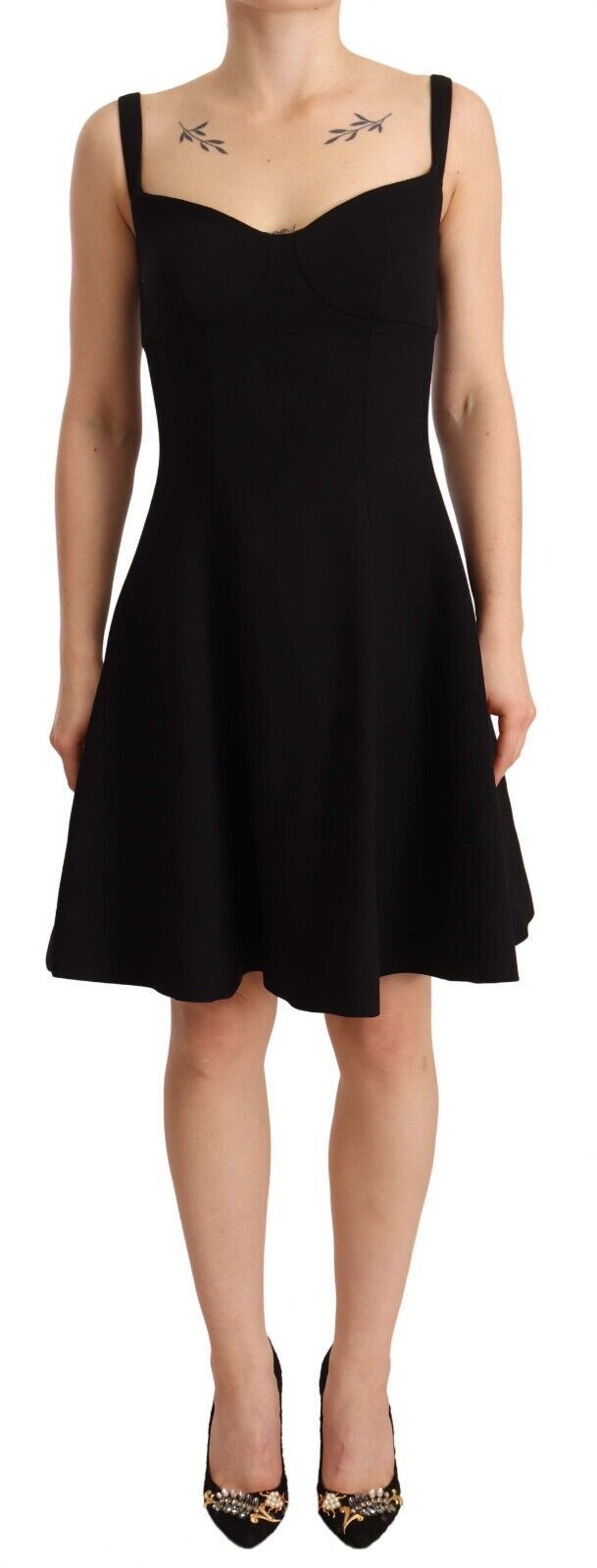Dolce & Gabbana Schwarzes ausgestelltes Stretch-Scheidenkleid aus Wolle