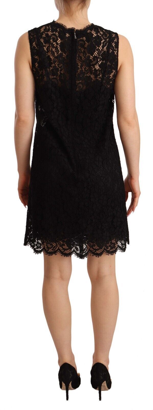 Dolce & Gabbana Schwarzes, geblümtes, ärmelloses Minikleid aus Spitze