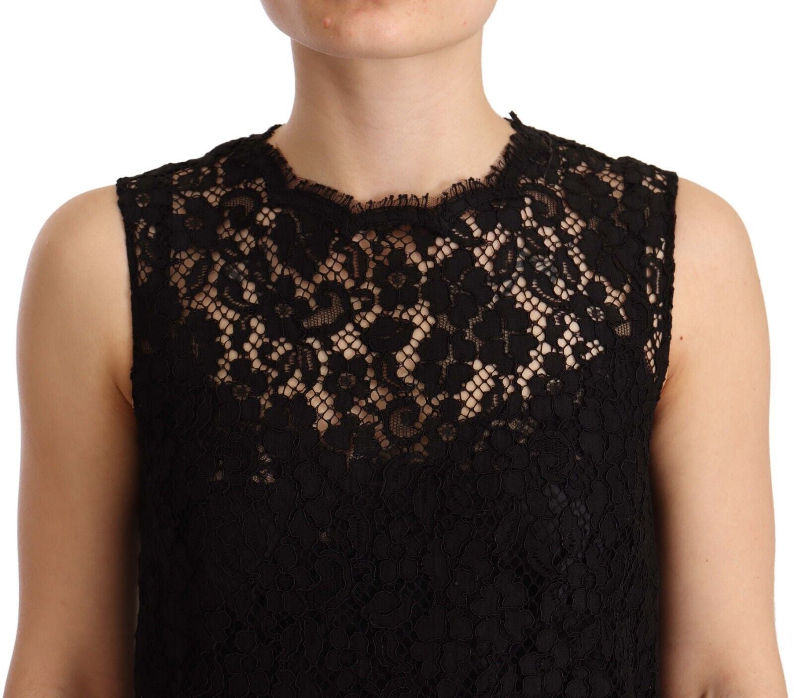 Dolce & Gabbana Schwarzes, geblümtes, ärmelloses Minikleid aus Spitze