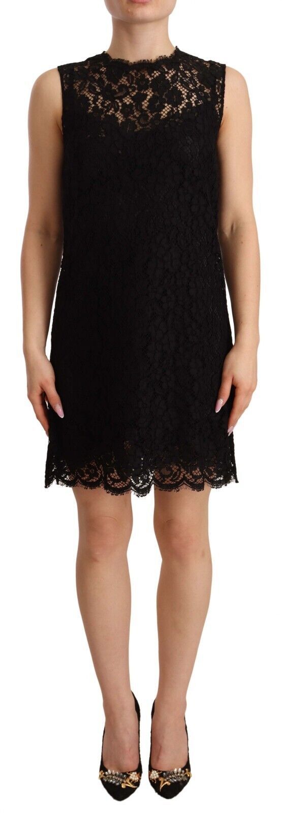 Dolce & Gabbana Schwarzes, geblümtes, ärmelloses Minikleid aus Spitze