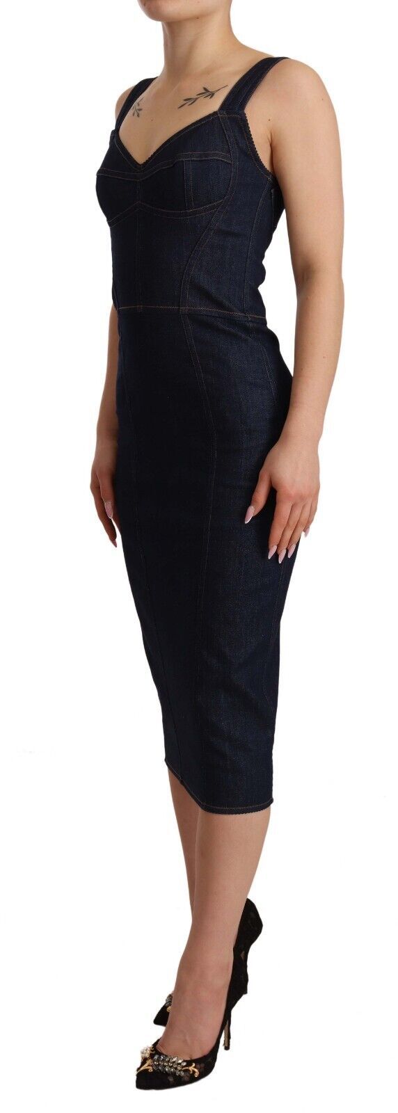 Dolce & Gabbana Dunkelblaues Etui-Midi-Kleid aus Baumwoll-Denim