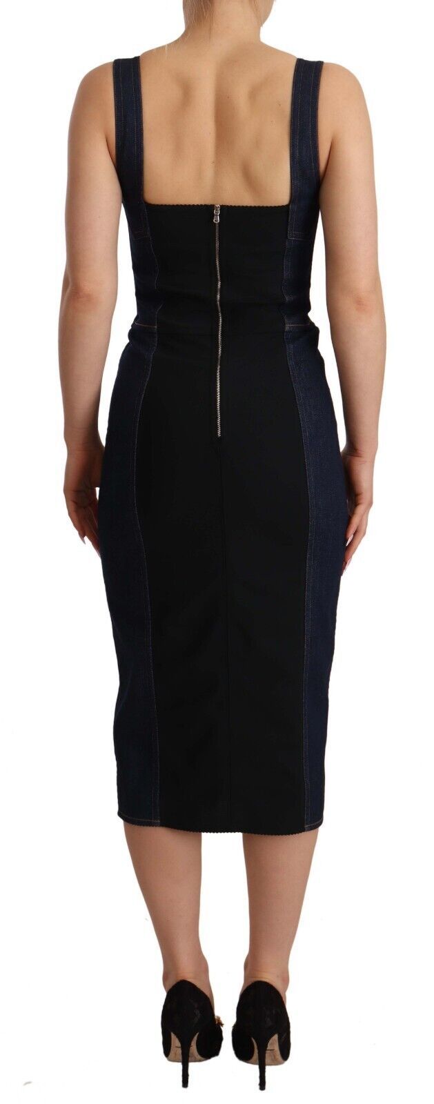 Dolce & Gabbana Dunkelblaues Etui-Midi-Kleid aus Baumwoll-Denim