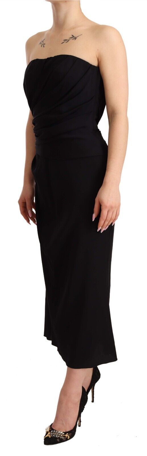 Dolce & Gabbana Schwarzes trägerloses Midikleid aus Seidenstretch