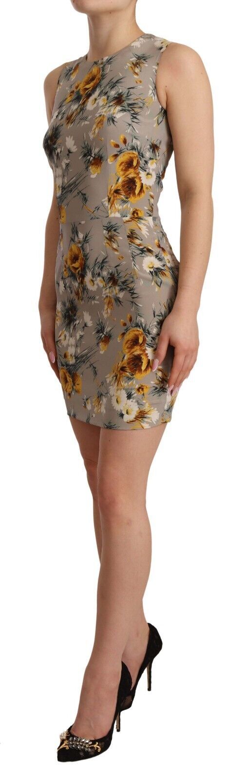 Dolce & Gabbana Graues Stretch-Minikleid aus Seide mit Blumenmuster