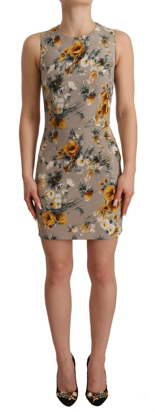 Dolce & Gabbana Graues Stretch-Minikleid aus Seide mit Blumenmuster