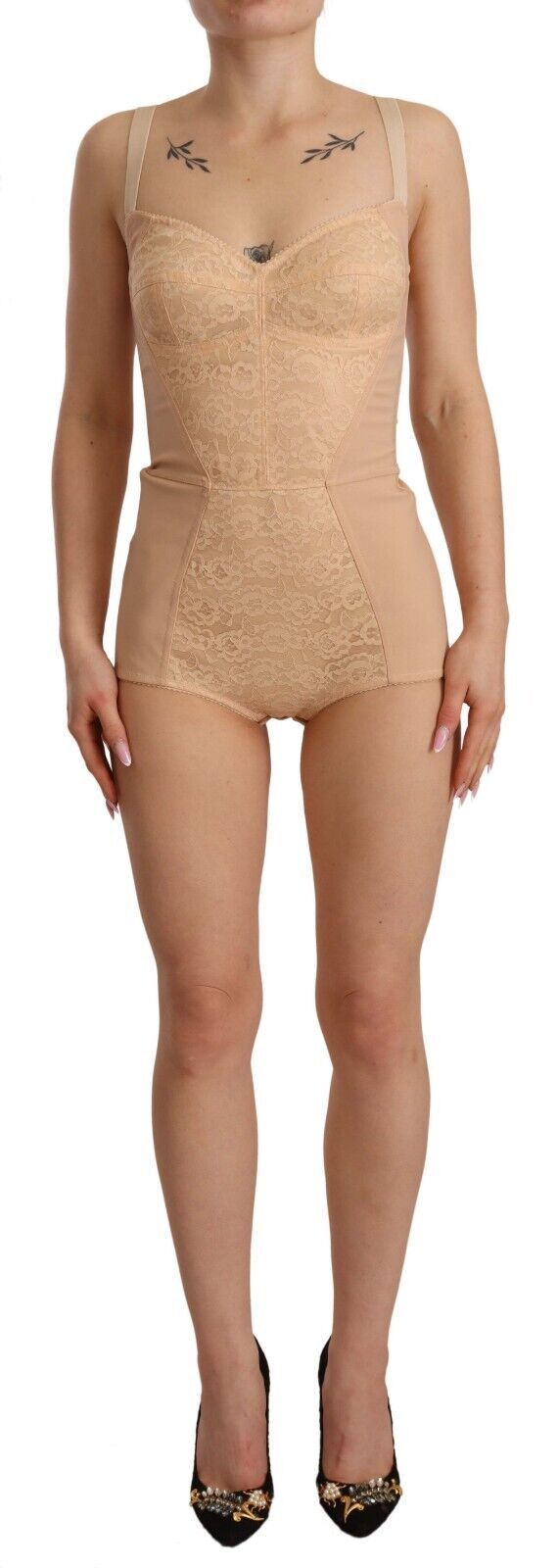 Dolce & Gabbana Beige Nylon Floral Spitze Bodysuit Unterwäsche