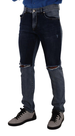 Dolce & Gabbana Blaue zweifarbige Slim Denim Jeans aus zerrissener Baumwolle