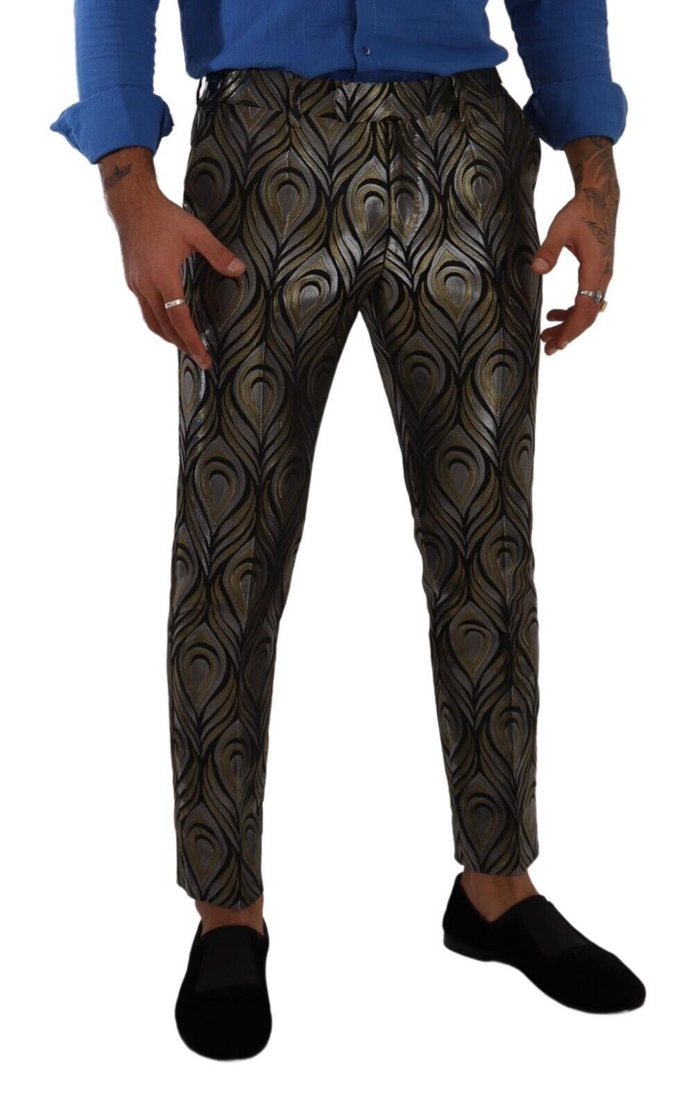 Dolce & Gabbana Silber Gold Jacquard Männer Hose Kleid Hose