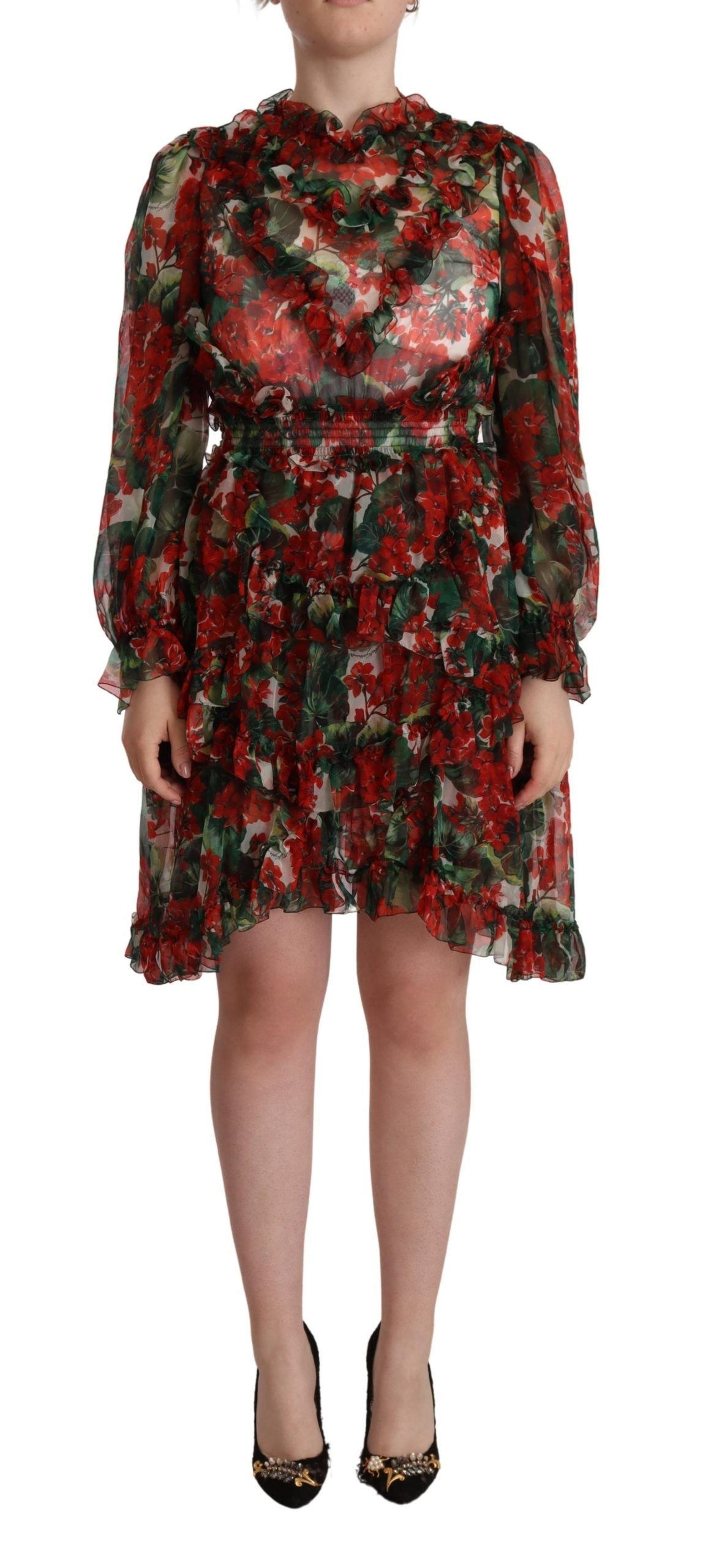 Dolce & Gabbana Multicolor Rotes Florales Langes Seidenkleid