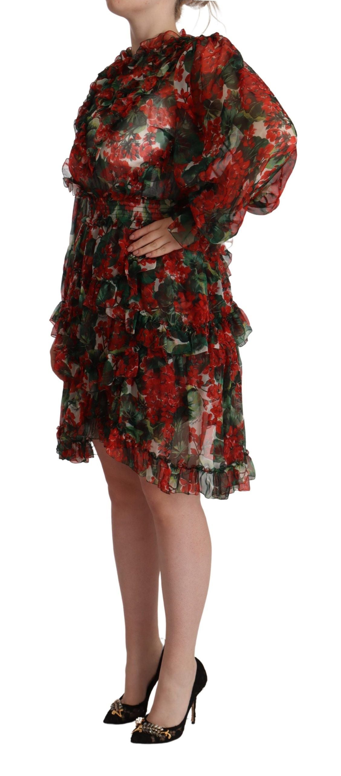 Dolce & Gabbana Multicolor Rotes Florales Langes Seidenkleid