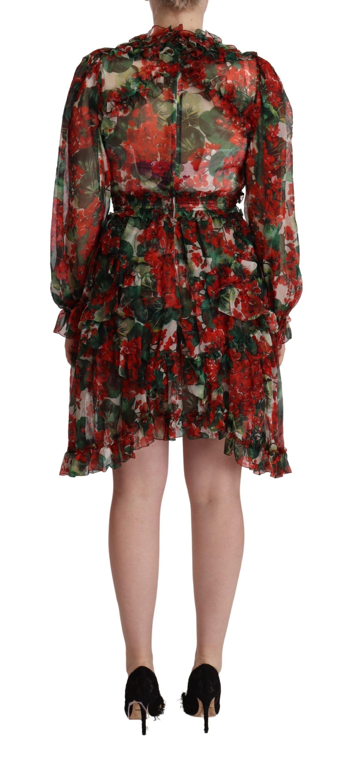 Dolce & Gabbana Multicolor Rotes Florales Langes Seidenkleid