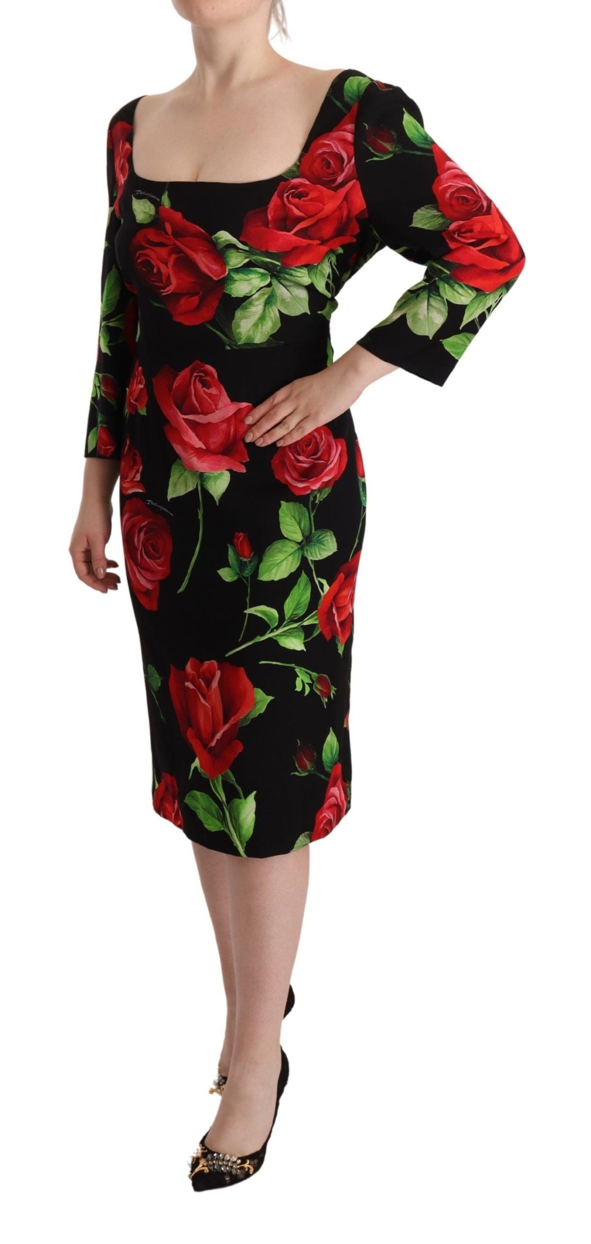 Dolce & Gabbana Schwarz-Rot-Rosen Etuikleid aus Stretch-Seide