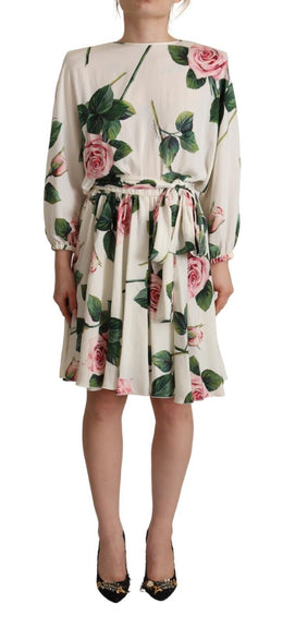 Dolce & Gabbana Weißes Kleid mit Rosenmuster und langen Ärmeln in A-Linie