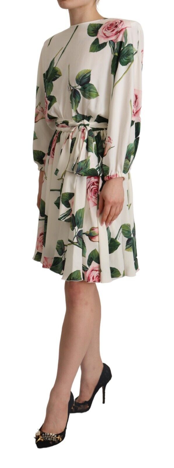 Dolce & Gabbana Weißes Kleid mit Rosenmuster und langen Ärmeln in A-Linie