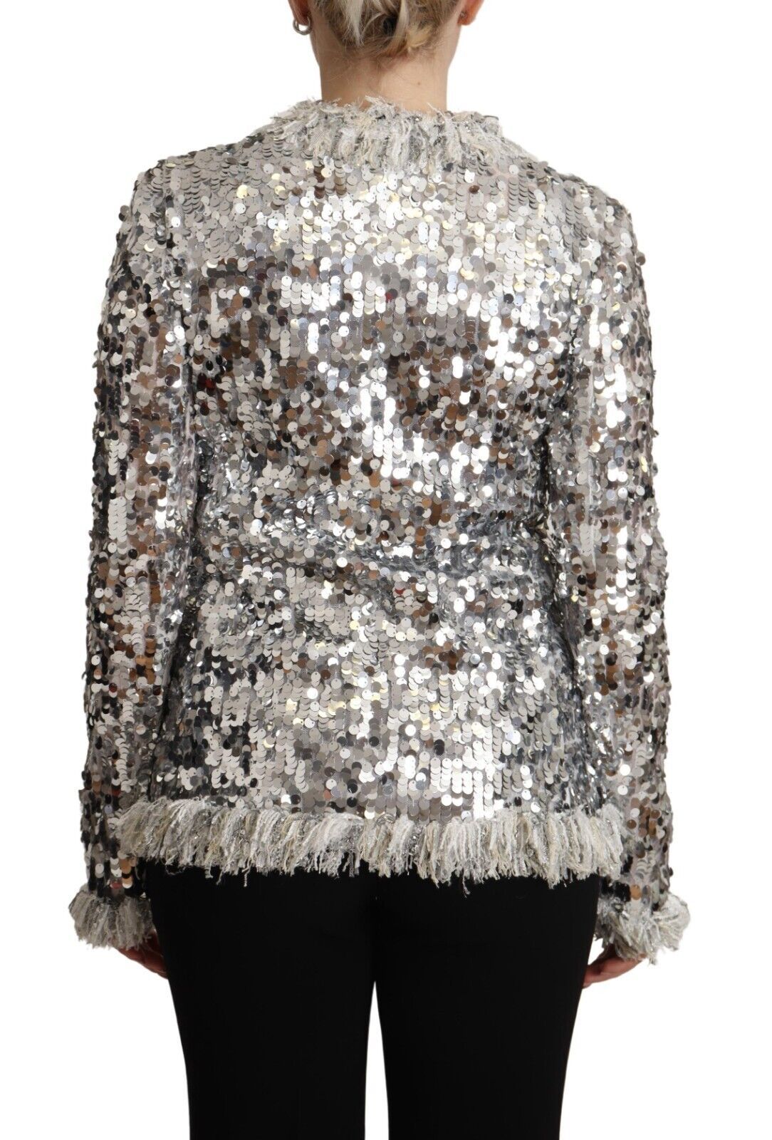 Dolce & Gabbana Silberne paillettenbesetzte Shearling-Jacke mit langen Ärmeln
