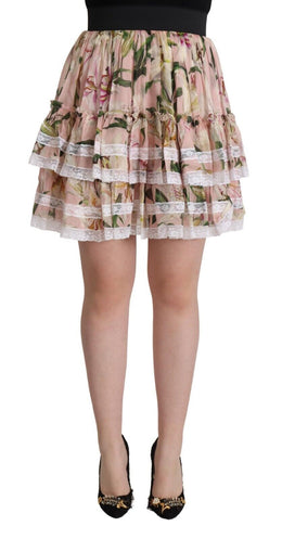 Dolce & Gabbana Rosa Lilienprint Seiden-Minirock in A-Linie