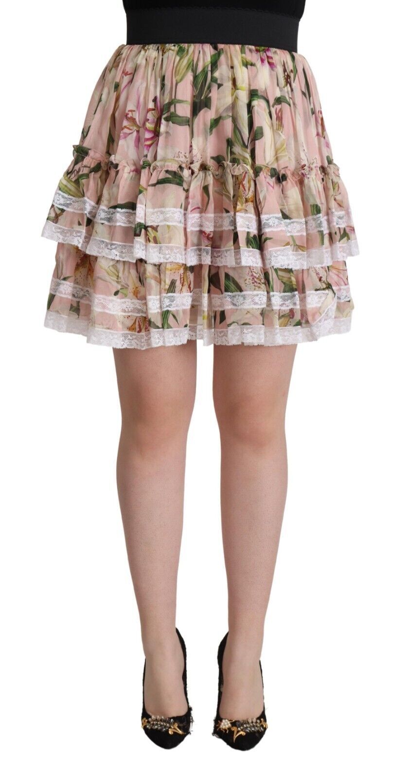 Dolce & Gabbana Rosa Lilienprint Seiden-Minirock in A-Linie
