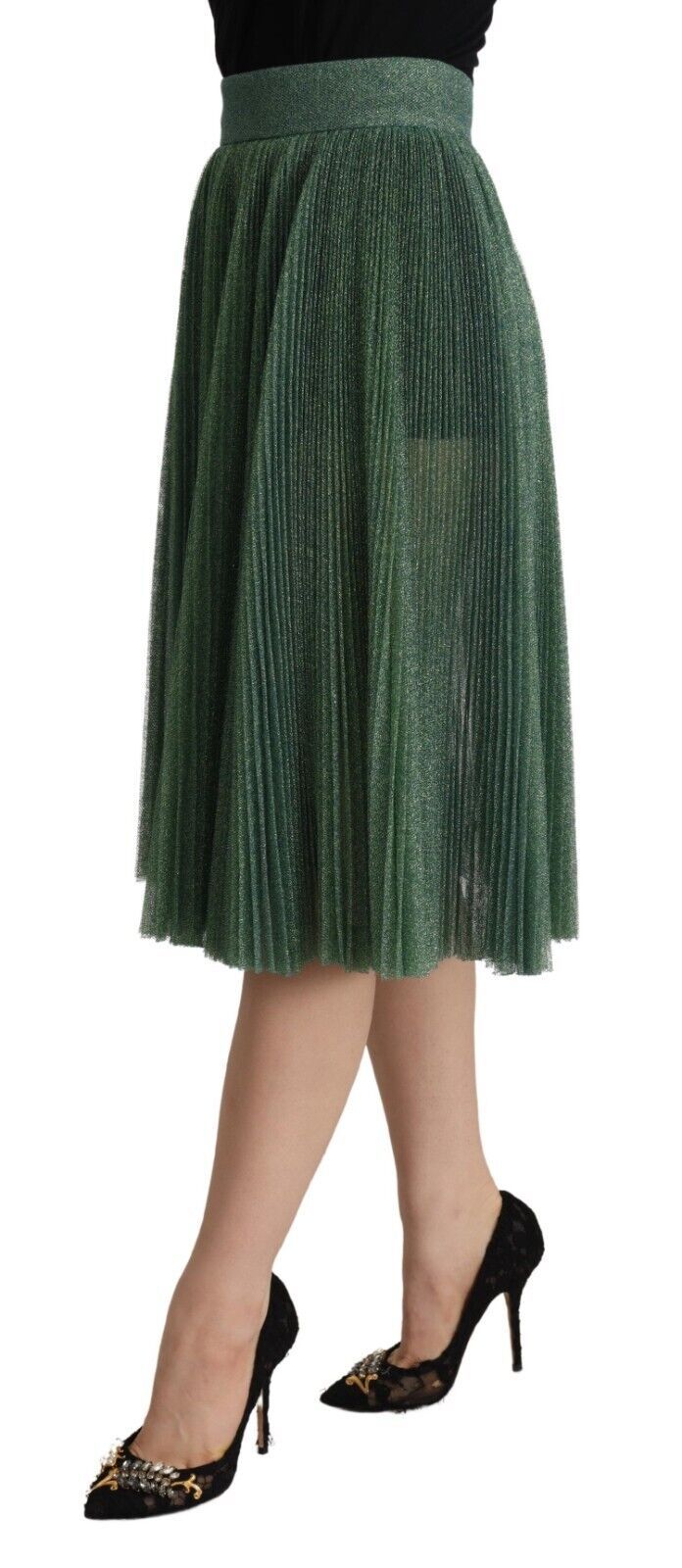 Dolce & Gabbana Grüner Metallic-Faltenrock mit hoher Taille und Faltenwurf