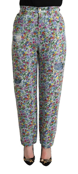 Dolce & Gabbana Blaue Denim-Jeans mit Blumenmuster und hoher Taille