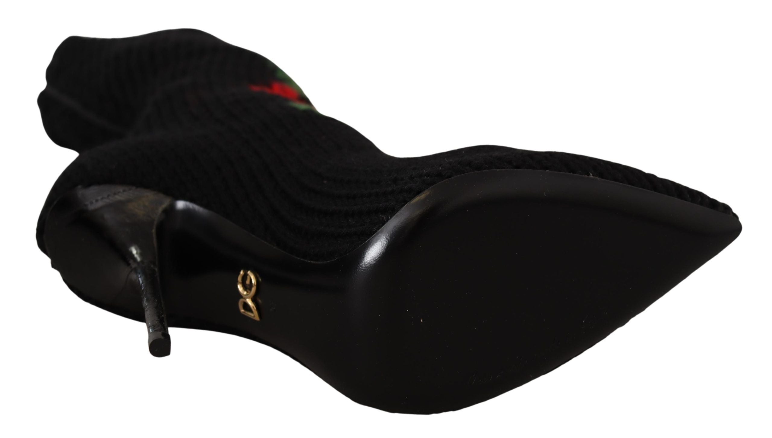 Dolce & Gabbana Schwarze Stretch-Socken Rote Rosen Booties Schuhe
