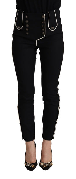 Dolce & Gabbana Schwarze Slim Fit Hose mit mittlerer Taille und verschönerten Knöpfen