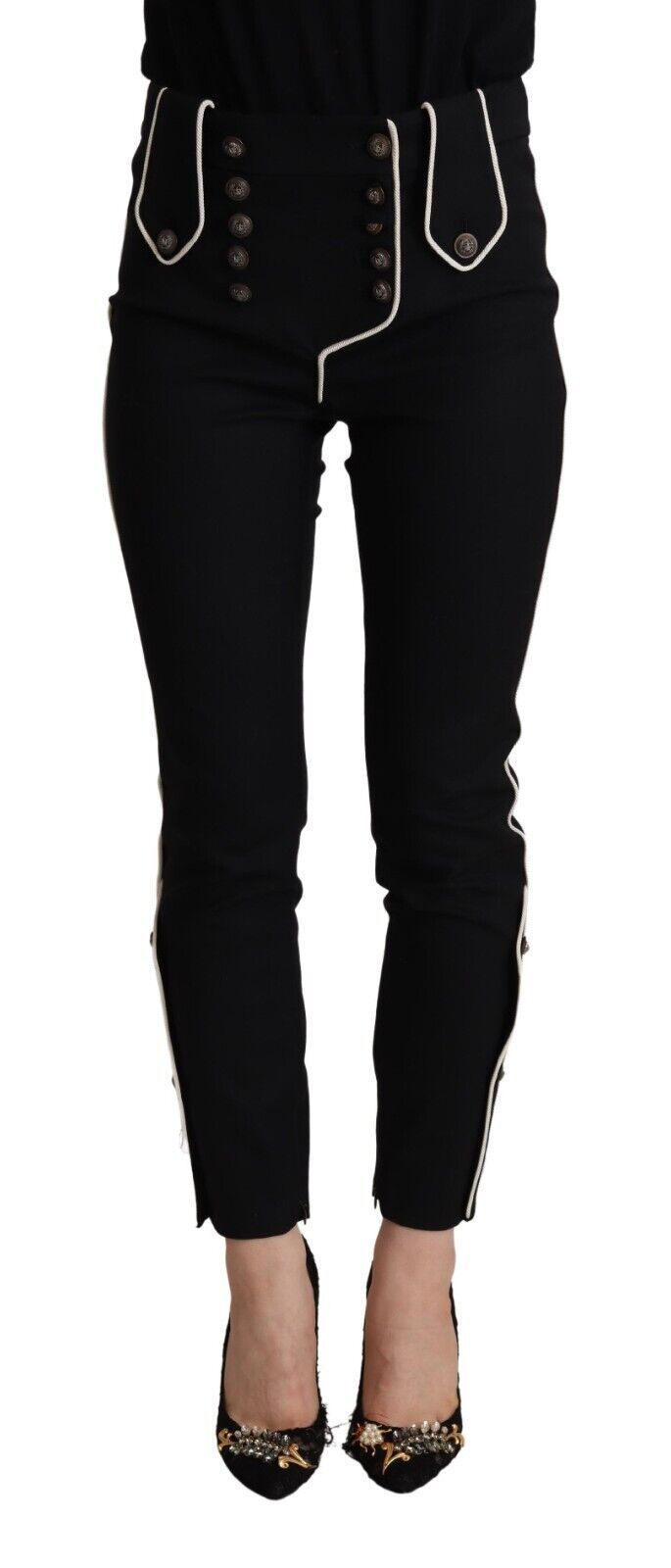 Dolce & Gabbana Schwarze Slim Fit Hose mit mittlerer Taille und verschönerten Knöpfen