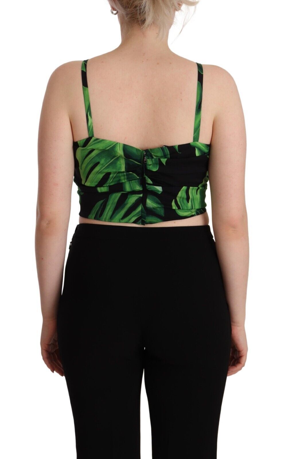 Dolce & Gabbana Schwarz-grünes Blatt-Seidenhalfter-Top