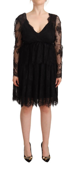 Aniye By Schwarzes florales Baumwoll-Spitzenkleid mit langen Ärmeln und V-Ausschnitt