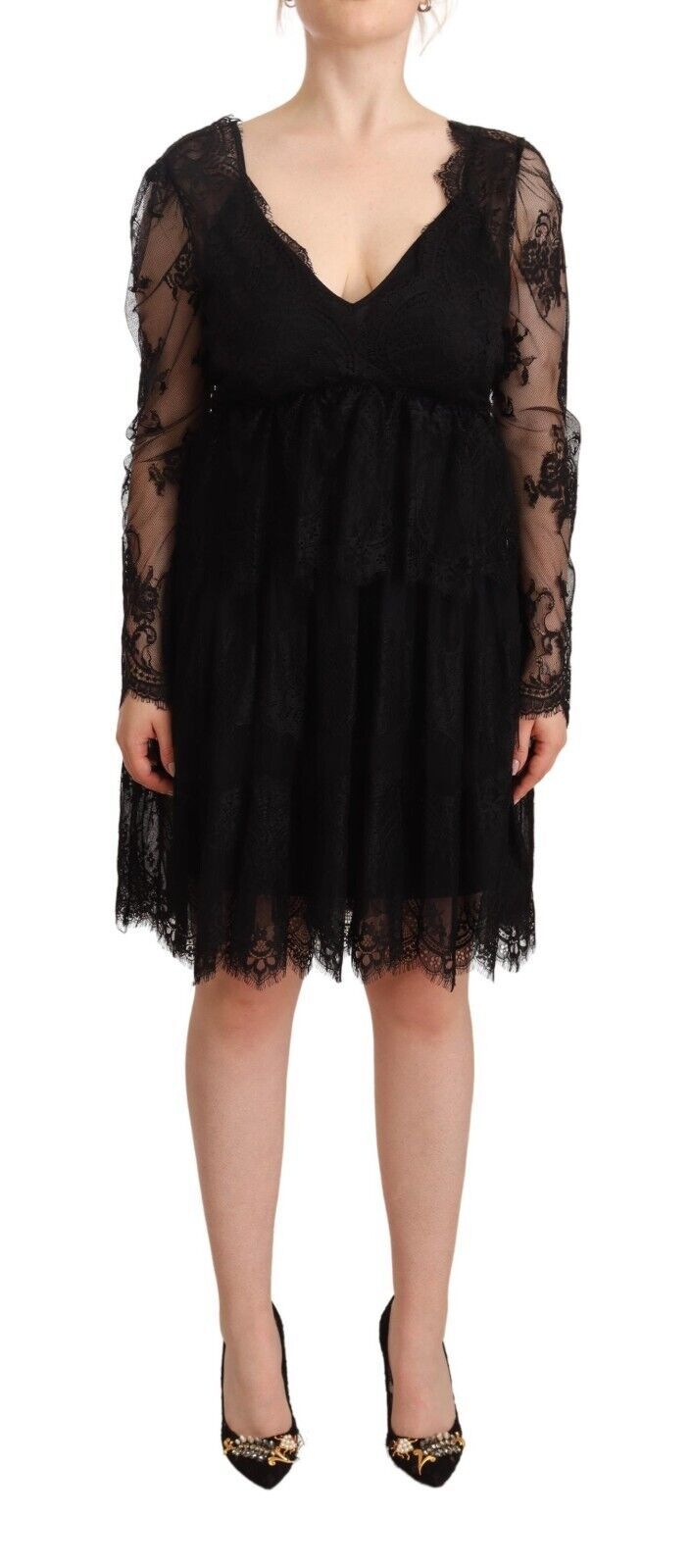 Aniye By Schwarzes florales Baumwoll-Spitzenkleid mit langen Ärmeln und V-Ausschnitt