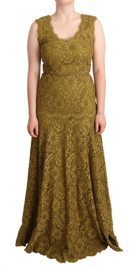 Dolce & Gabbana Braunes bodenlanges Maxikleid aus floraler Spitze