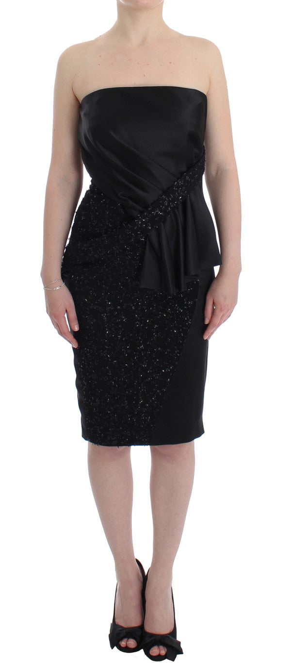 Masha Ma Schwarzes trägerloses verschönertes Bleistiftkleid