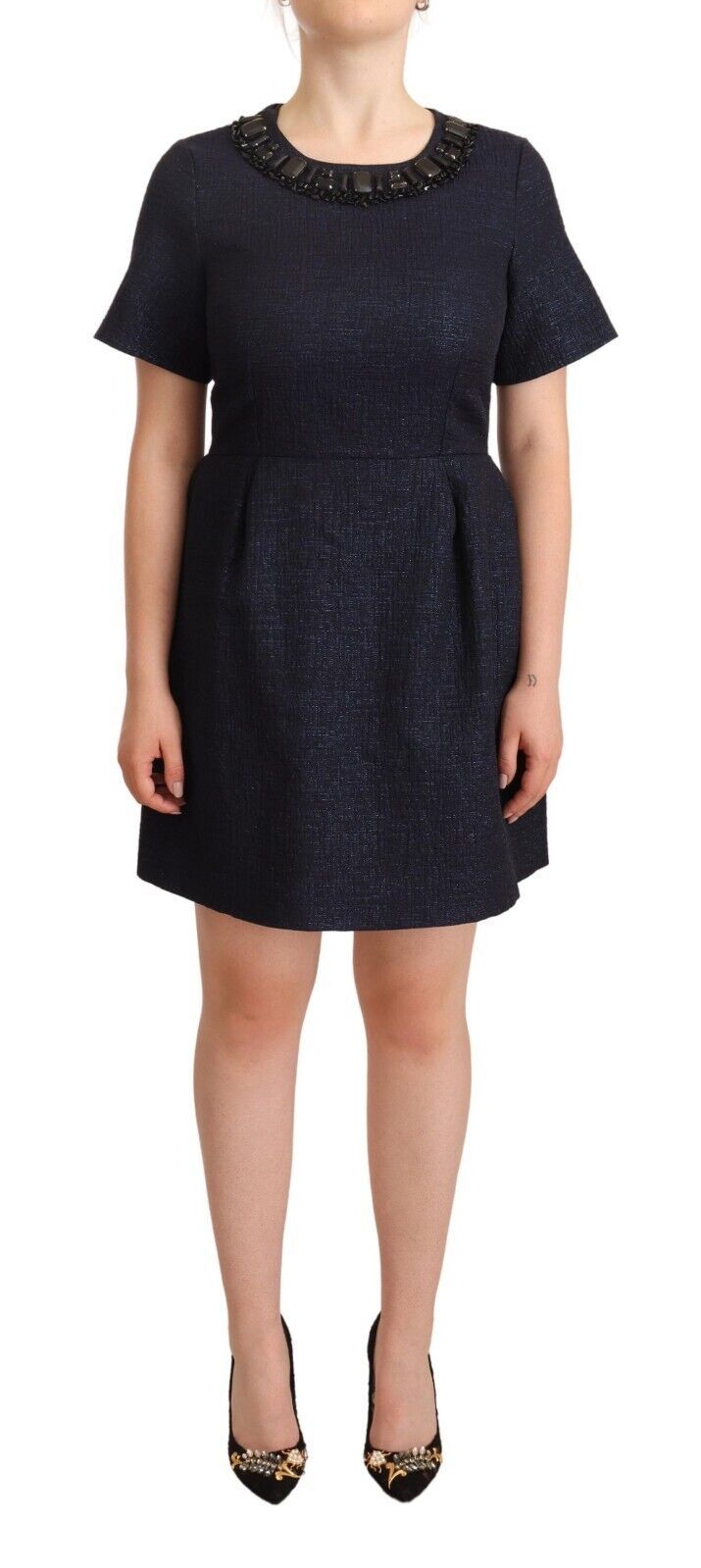 L'Autre Chose Schwarzes verschönertes Mini-A-Linien-Kleid mit kurzen Ärmeln