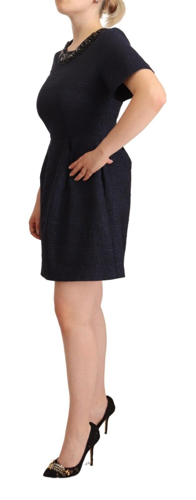 L'Autre Chose Schwarzes verschönertes Mini-A-Linien-Kleid mit kurzen Ärmeln