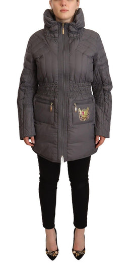 Roccobarocco Graue gesteppte Langarm-Logo-Patch-Jacke mit durchgehendem Reißverschluss
