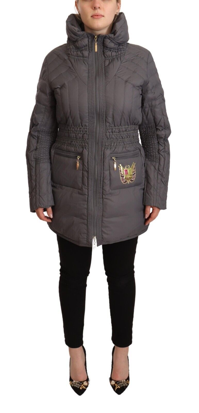 Roccobarocco Graue gesteppte Langarm-Logo-Patch-Jacke mit durchgehendem Reißverschluss