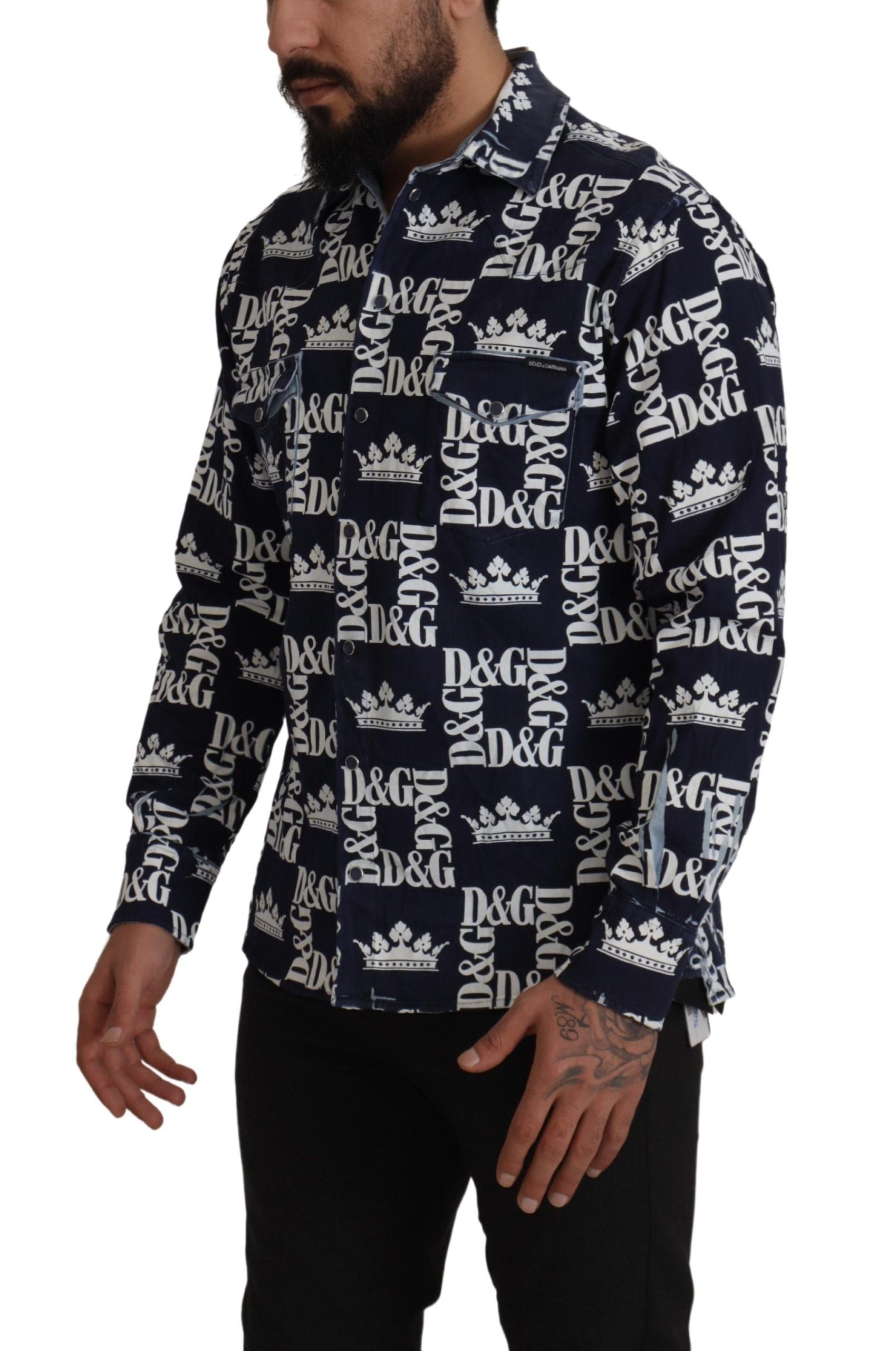Dolce & Gabbana Blaues Denim Stretch DG Crown Logo Freizeithemd