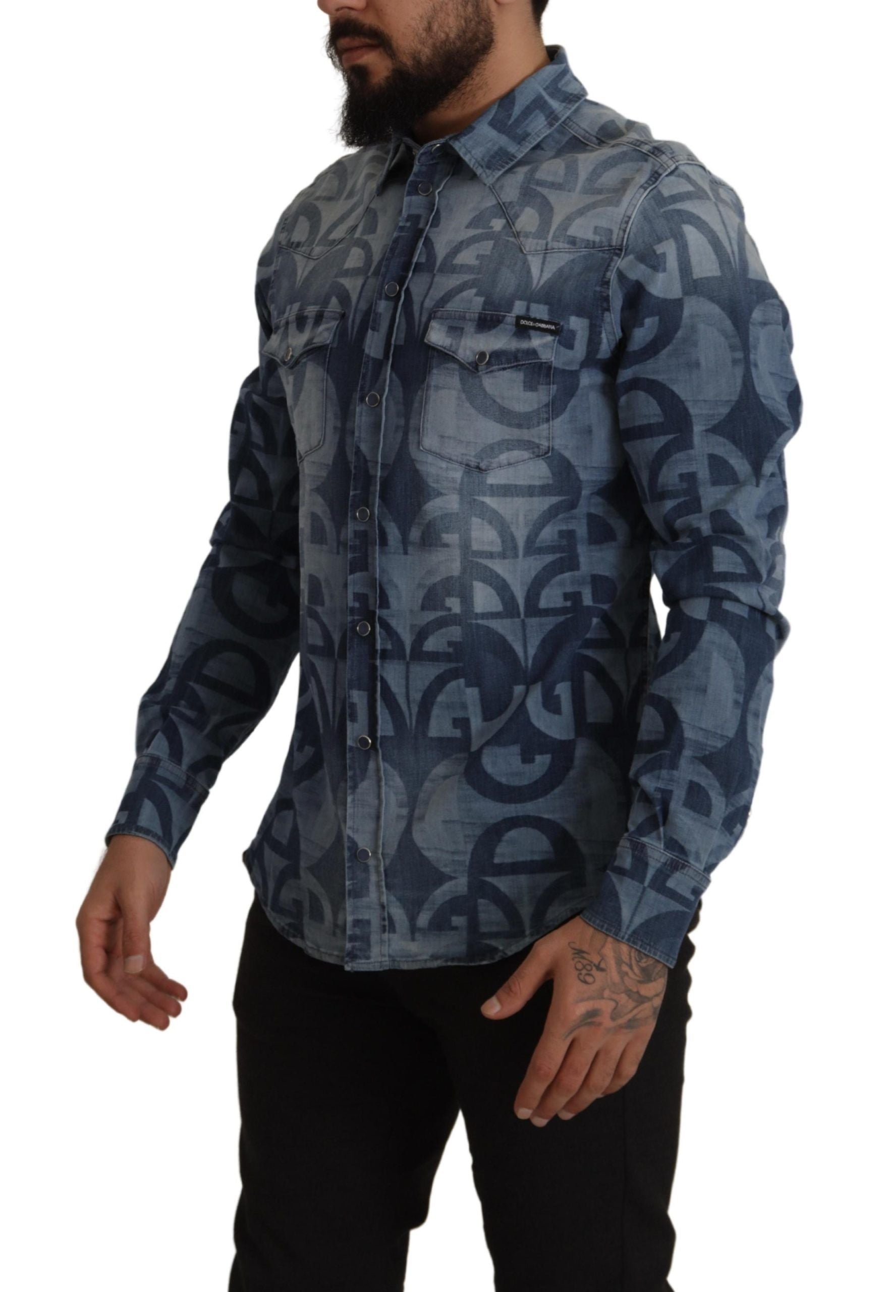 Dolce & Gabbana Blaues Denim Stretch DG Logo Lässiges schmales Herrenhemd