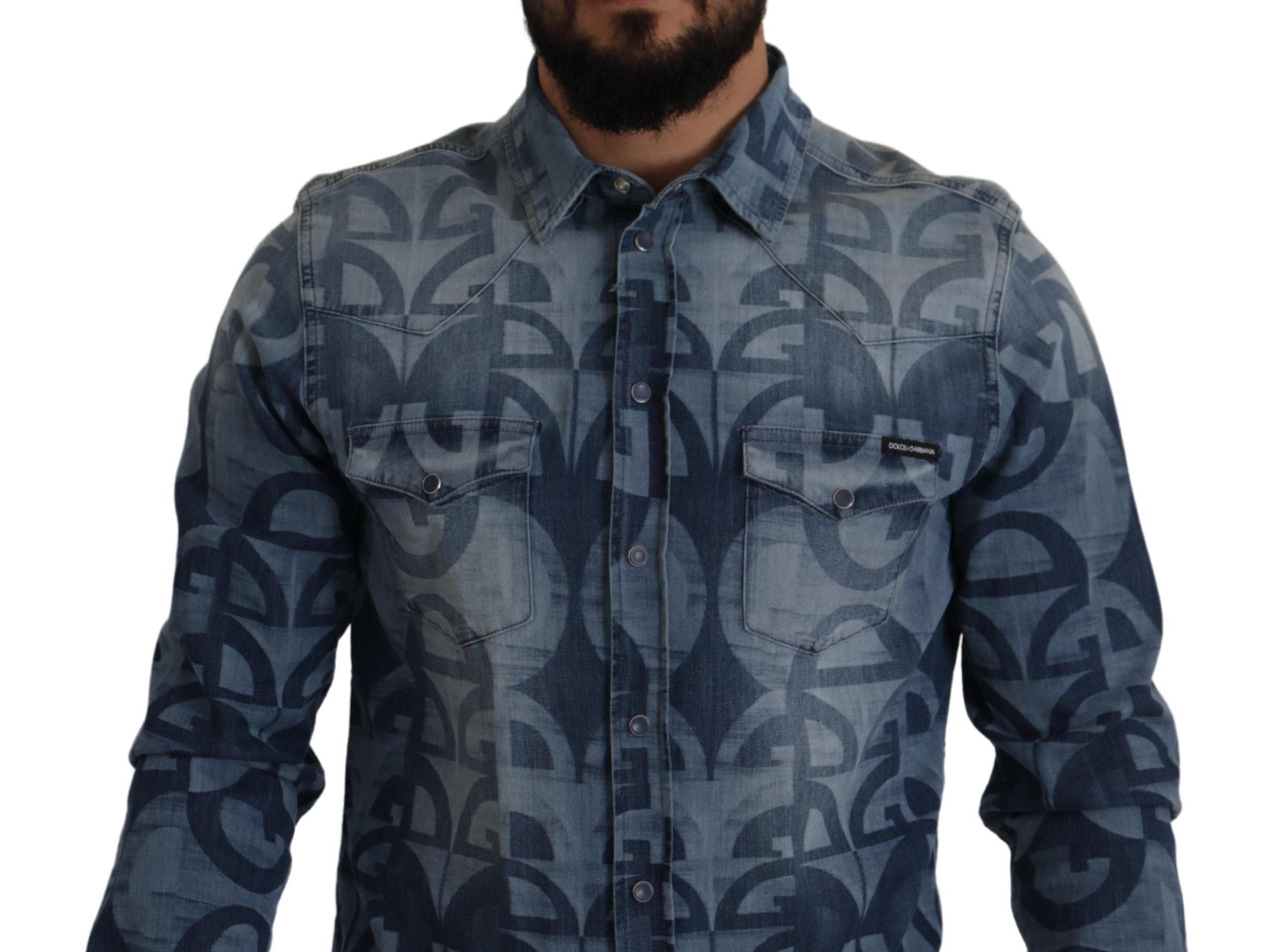 Dolce & Gabbana Blaues Denim Stretch DG Logo Lässiges schmales Herrenhemd