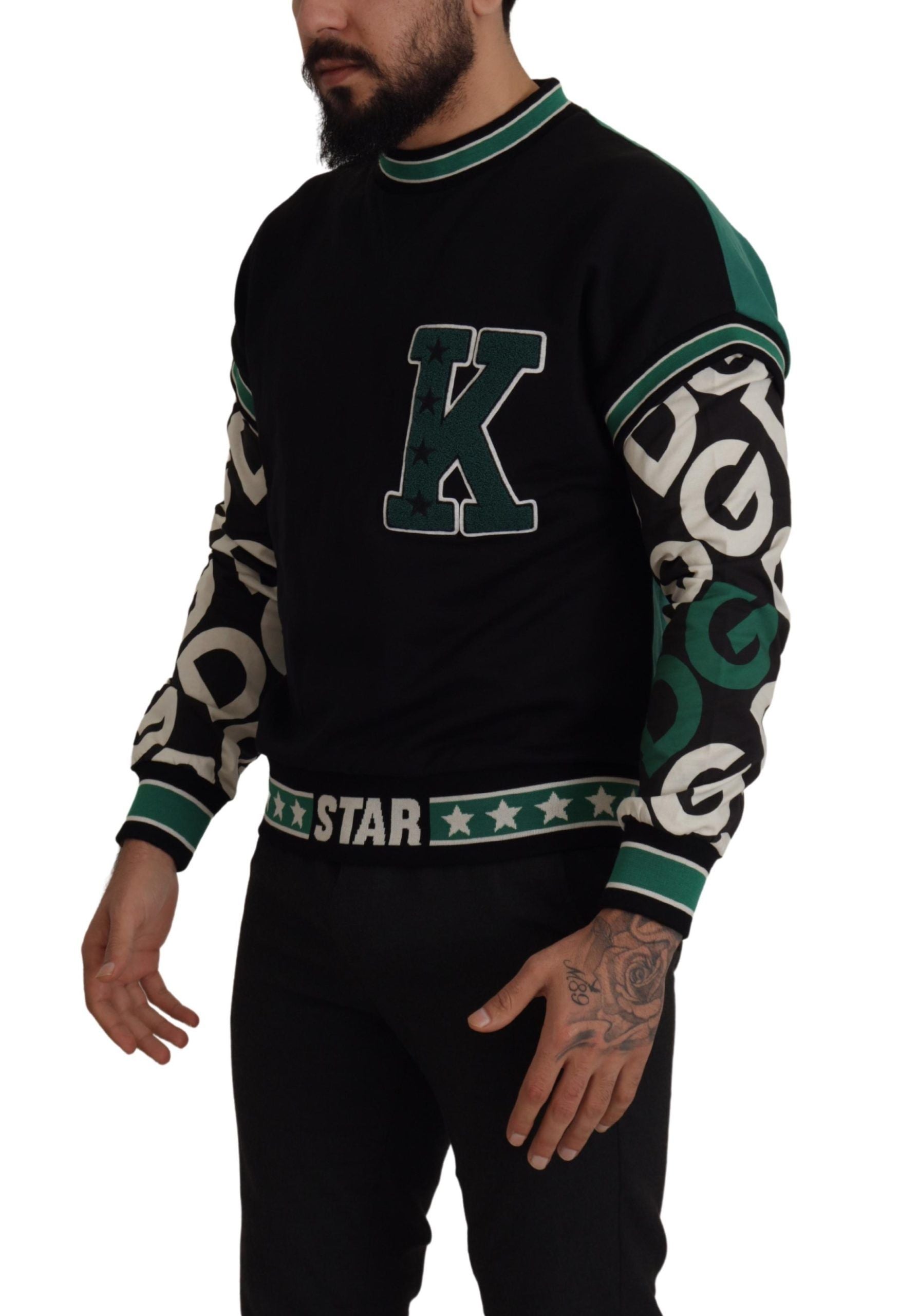 Dolce & Gabbana Schwarzgrüner Baumwoll-KING Star Pullover mit Rundhalsausschnitt