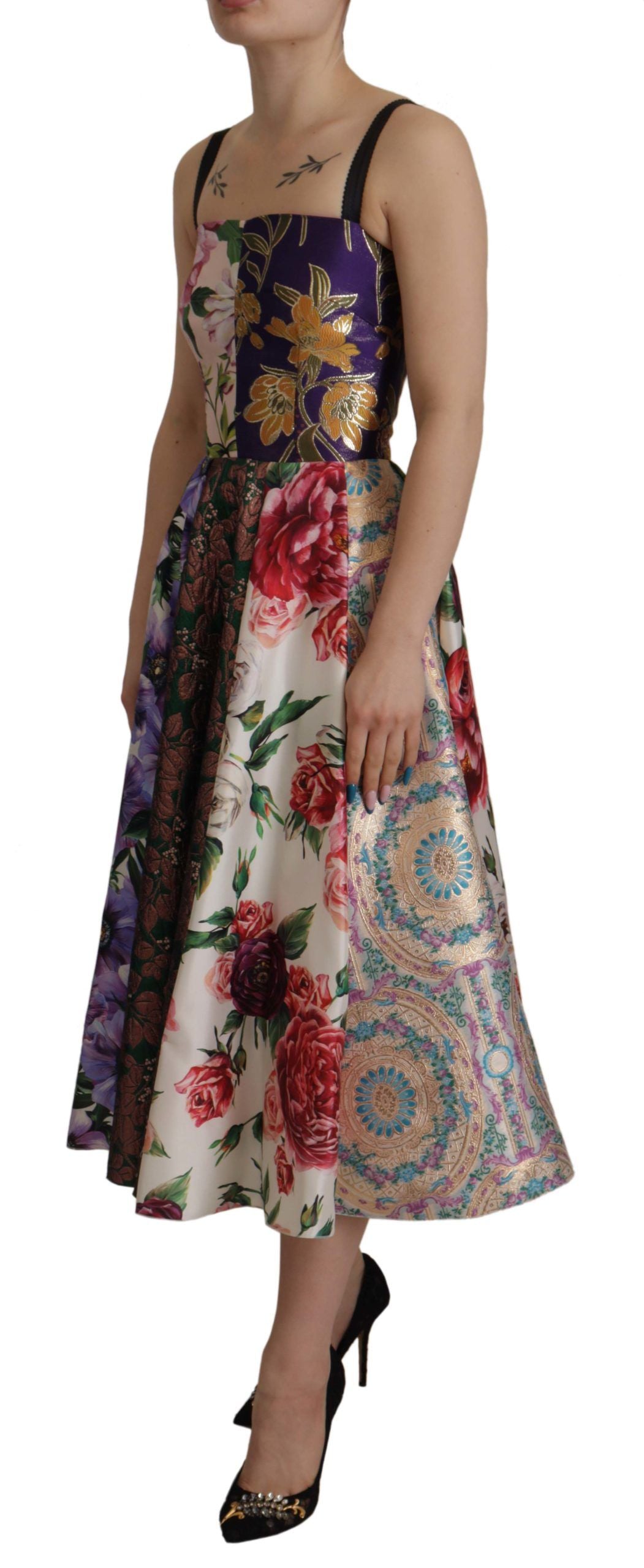 Dolce & Gabbana Kleid Midi Patchwork Floral Jaquard Seide