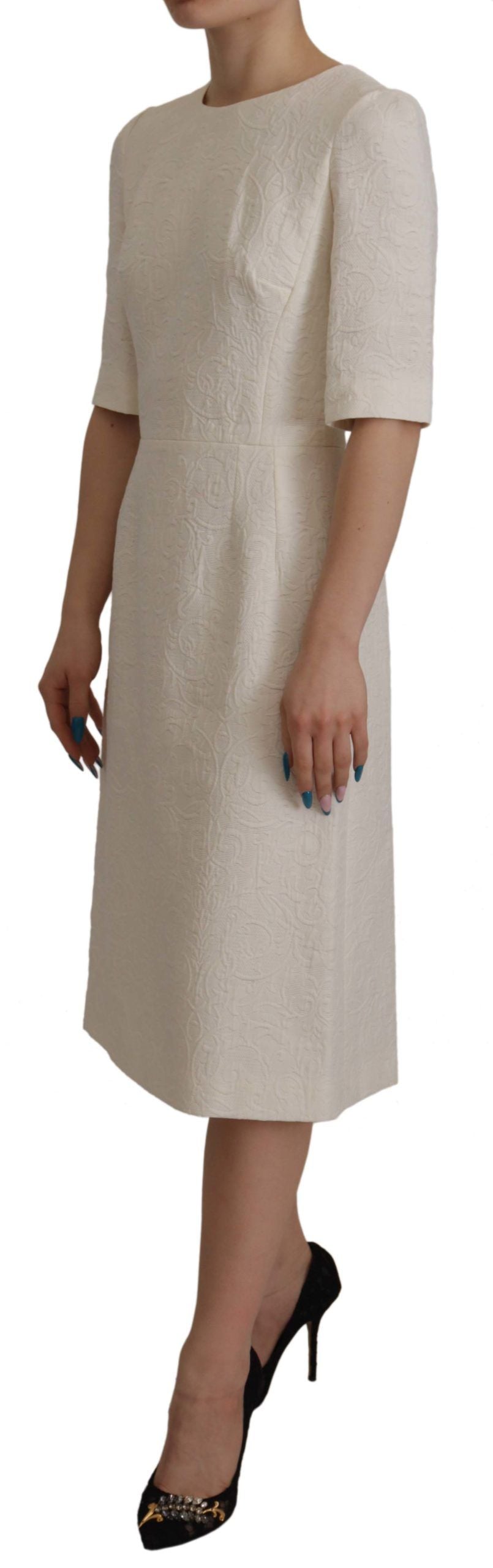 Dolce & Gabbana Weißes Jaquard Midi Kleid mit Blumenmuster und Brokatbesatz