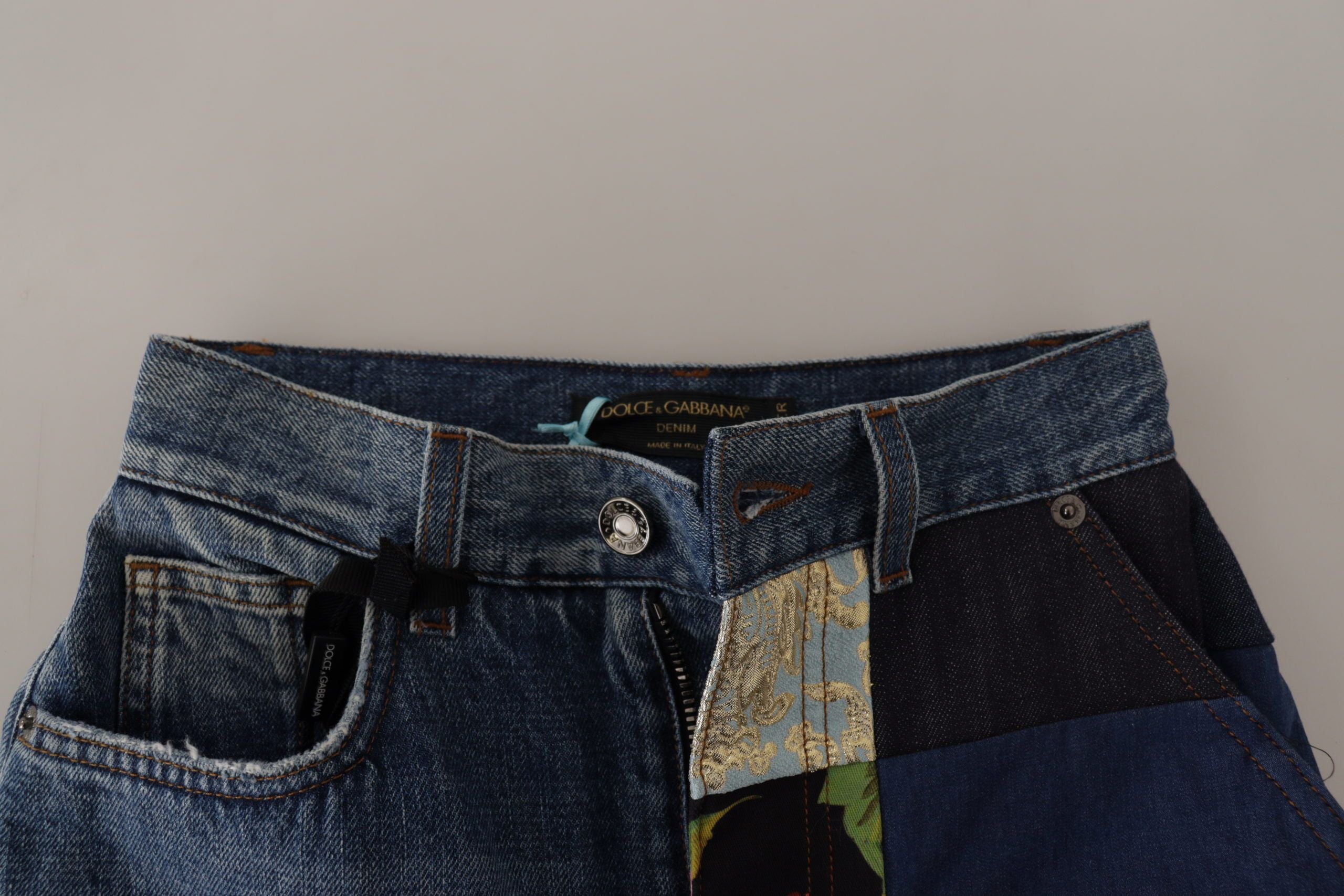 Dolce & Gabbana Blaue Jeans Jacquard Majolika Hose mit hoher Taille