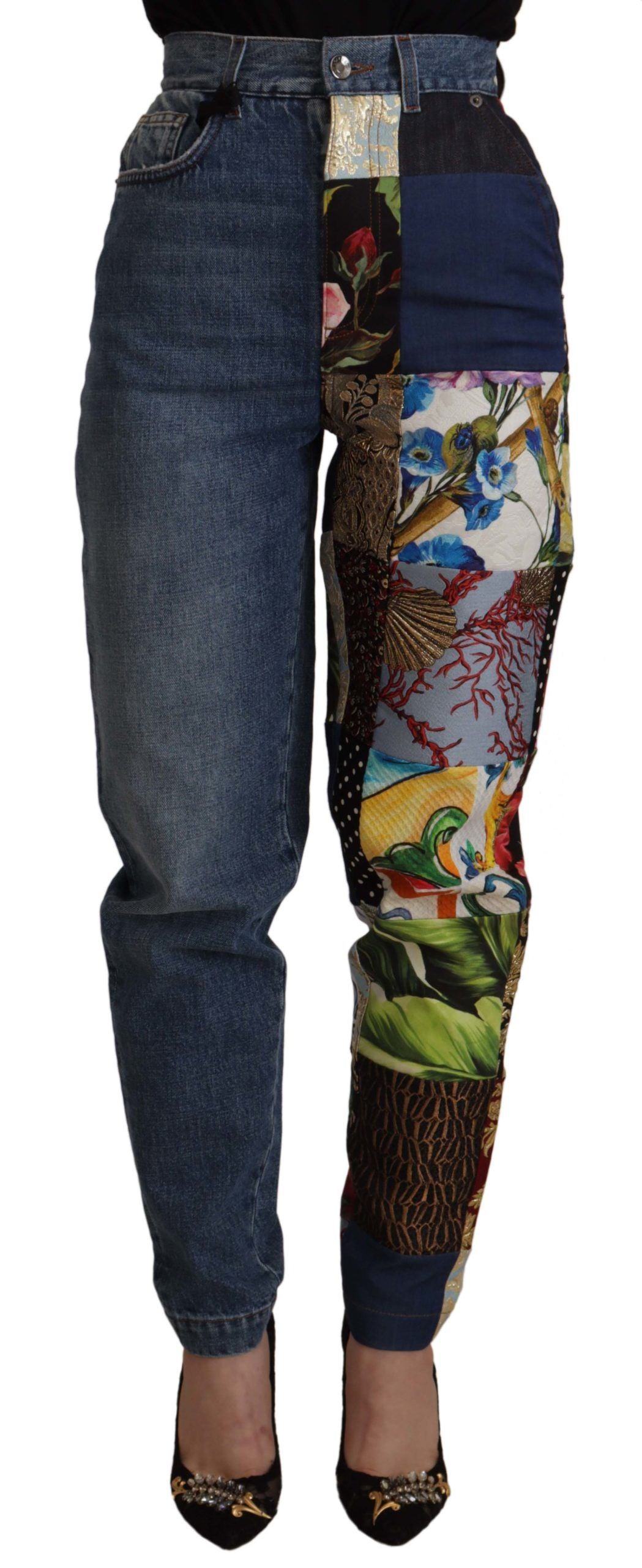 Dolce & Gabbana Blaue Jeans Jacquard Majolika Hose mit hoher Taille