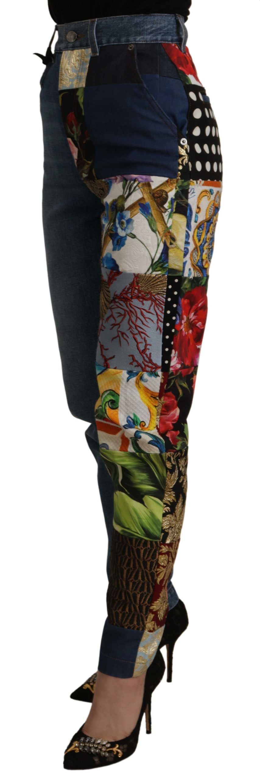 Dolce & Gabbana Blaue Jeans Jacquard Majolika Hose mit hoher Taille