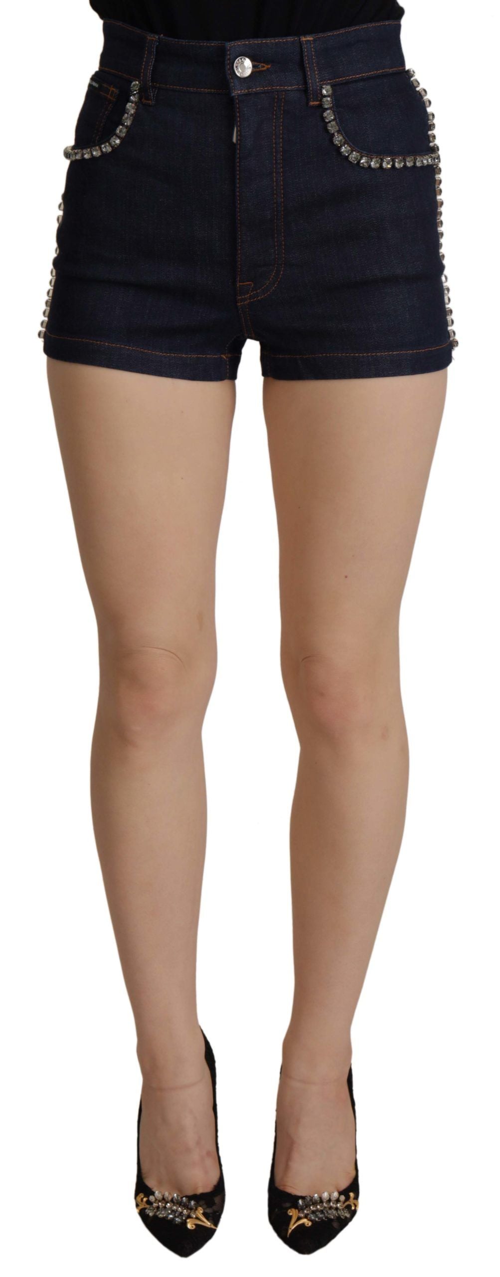 Dolce & Gabbana Blaue Stretch-Denim-Hotpants mit Kristallen