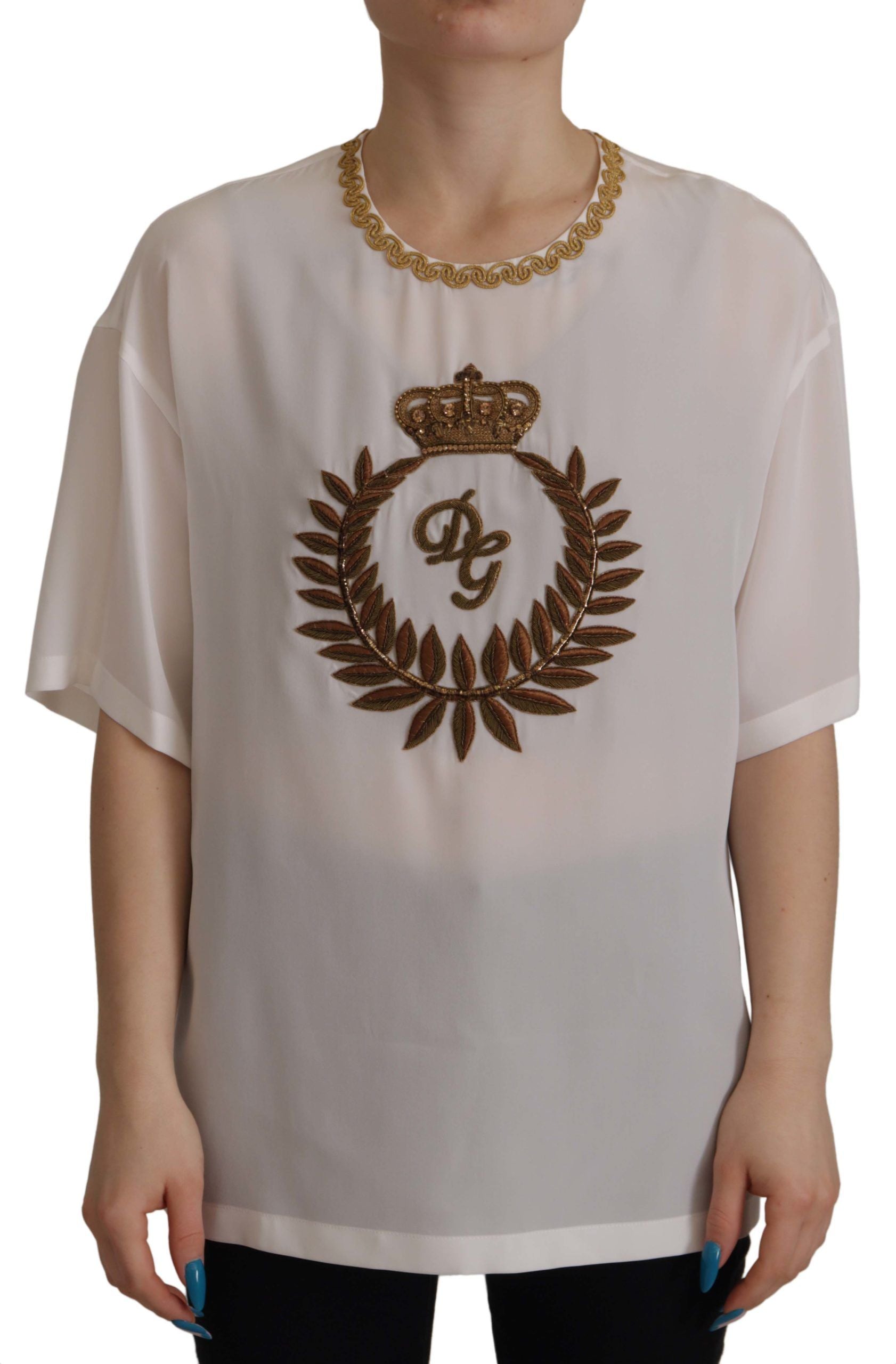 Dolce & Gabbana Weißes Seiden-Gold-DG-Kronenkristall-Blusentop