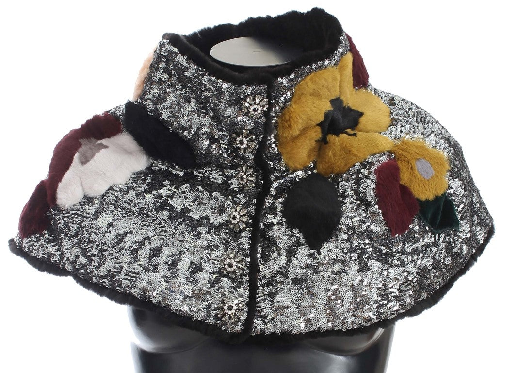Dolce & Gabbana Silberner, paillettenbesetzter, floraler Wiesel-Pelz-Schultertuch-Wickelschal